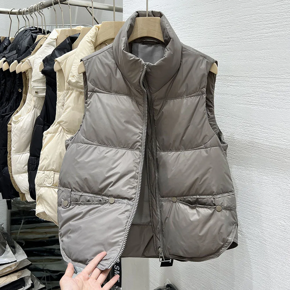 Casacos de colete ultra leve feminino, colete quente feminino, parka bege sem mangas, casaco de algodão, gola, outono, inverno, E3