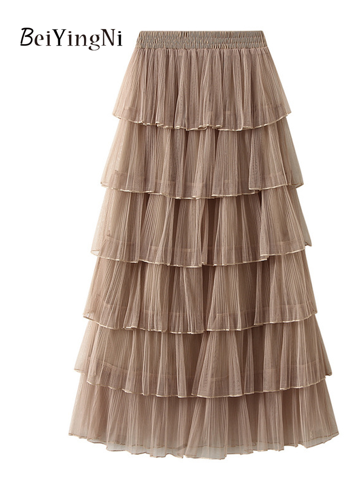 Beiyingni Frau Mesh lange Midi Kuchen Rock einfarbig elegante Französisch abgestufte Fee Tüll Röcke Khaki lässig hohe Taille Faldas