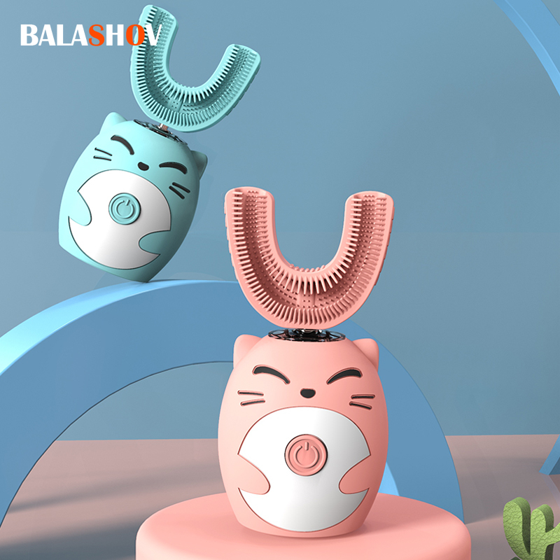 Cepillo de dientes eléctrico sónico para niños, cepillo de dientes ultrasónico inteligente en forma de U de 360 grados, blanqueamiento dental para niños, resistente al agua IPX7