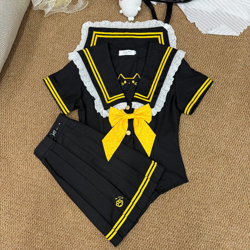 Zoete Japanse Sailor Collar JK Uniform Gele Golfpunt Strik Schattig Katten Shirt Rok Set Kawaii Lolita Outfit voor Vrouwen Dagelijks Draagbaar
