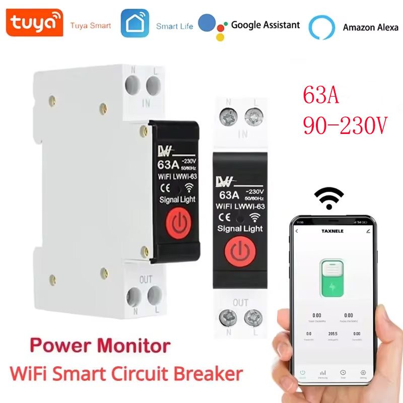 Tuya-Wi-Fiスマートサーキットブレーカー,1p,63a,DINレール,ワイヤレスリモコン,アプリケーションによるスマートスイッチ