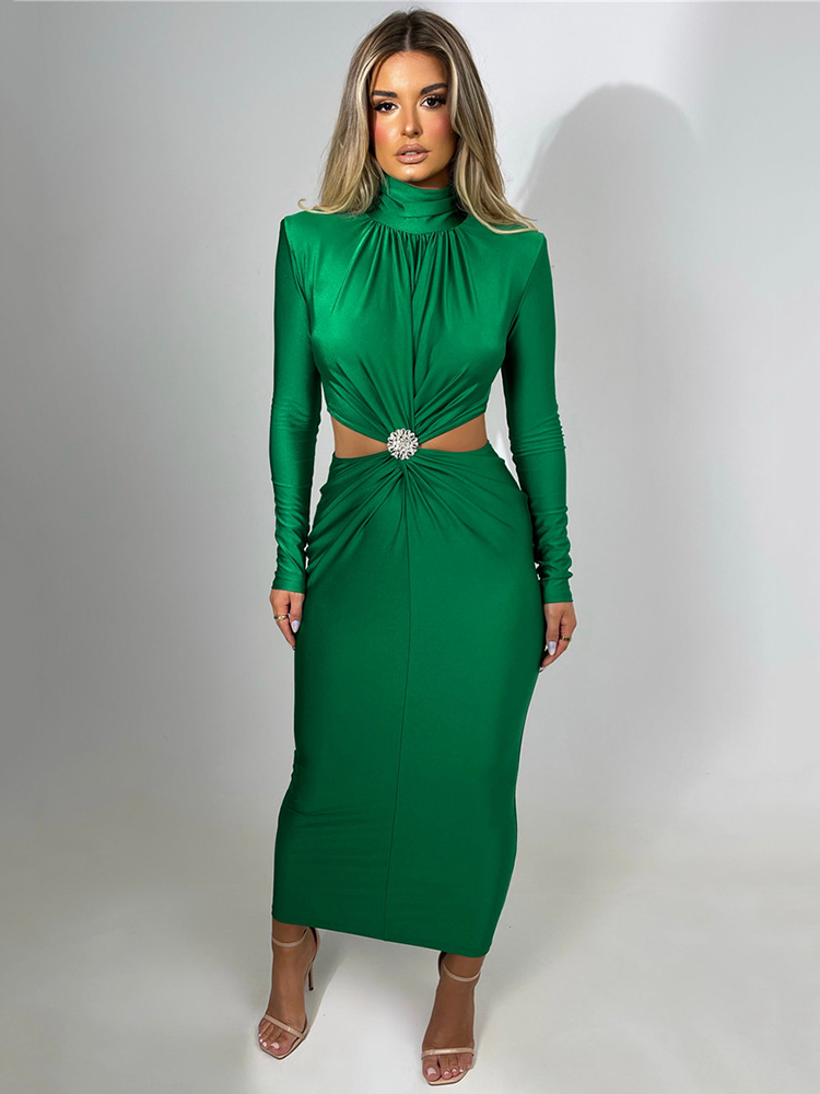 Mozision Elegant Hollow Out ชุด Maxi เซ็กซี่สําหรับผู้หญิงฤดูใบไม้ร่วงฤดูหนาวใหม่คอเต่าแขนยาว Bodycon Club Party ชุดราตรี