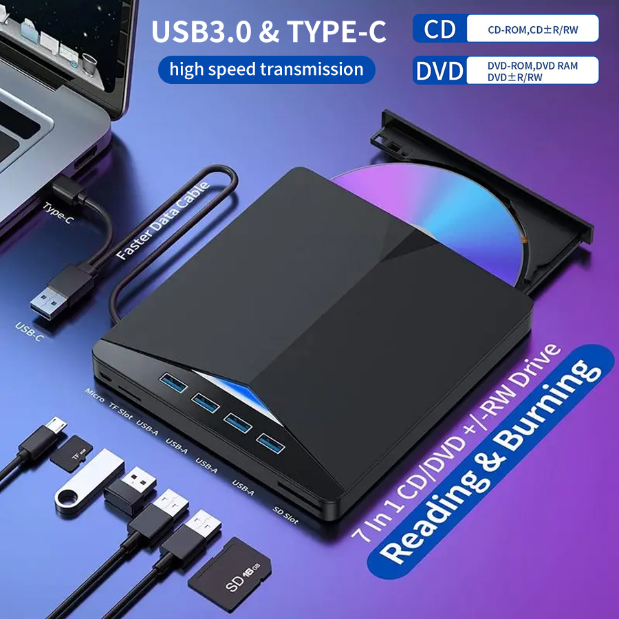 7-в-1 USB 3.0 Тип C TF SD Внешний CD DVD RW Оптические приводы DVD-рекордер-рекордер Тип лотка для ПК Ноутбук Ноутбук