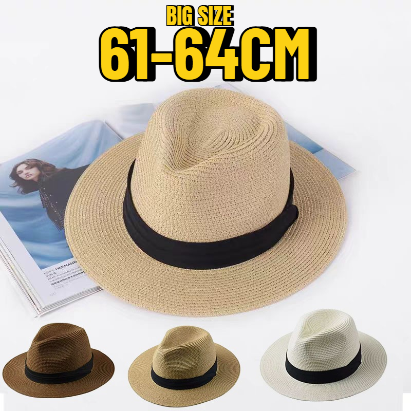 Chapeaux de soleil Panama grande taille XL61-64cm pour hommes, casquettes de paille à large bord pour femmes, chapeau de plage d'été pour grandes têtes, chapeau Fedora homme grande taille 58-60cm