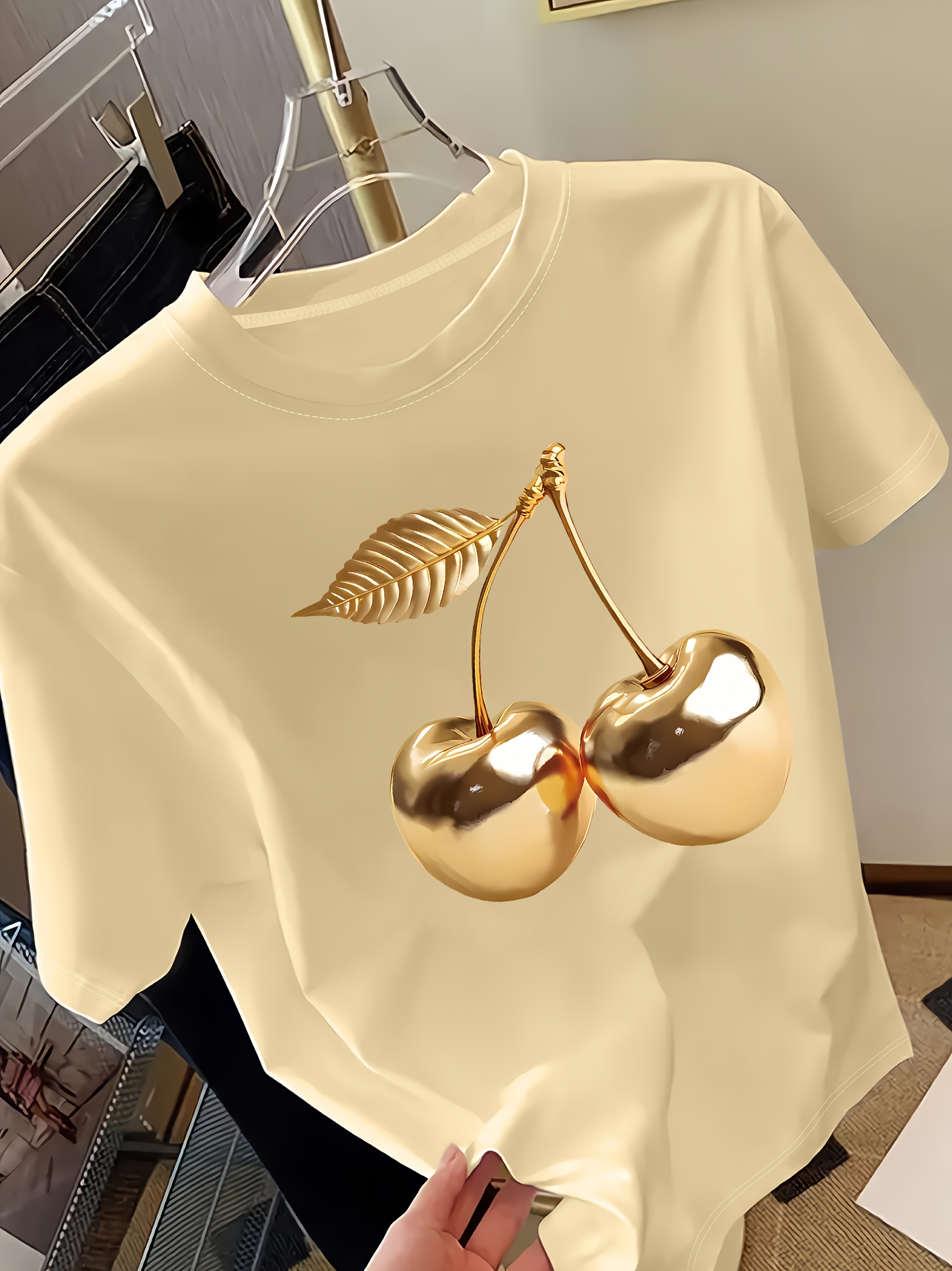 Goldener Kirschdruck Damen Kurzarm-T-Shirt Stilvolles Casual Tee mit Eleganzgefühl Vielseitiges Oberteil für Frauen Minimalistisches Design
