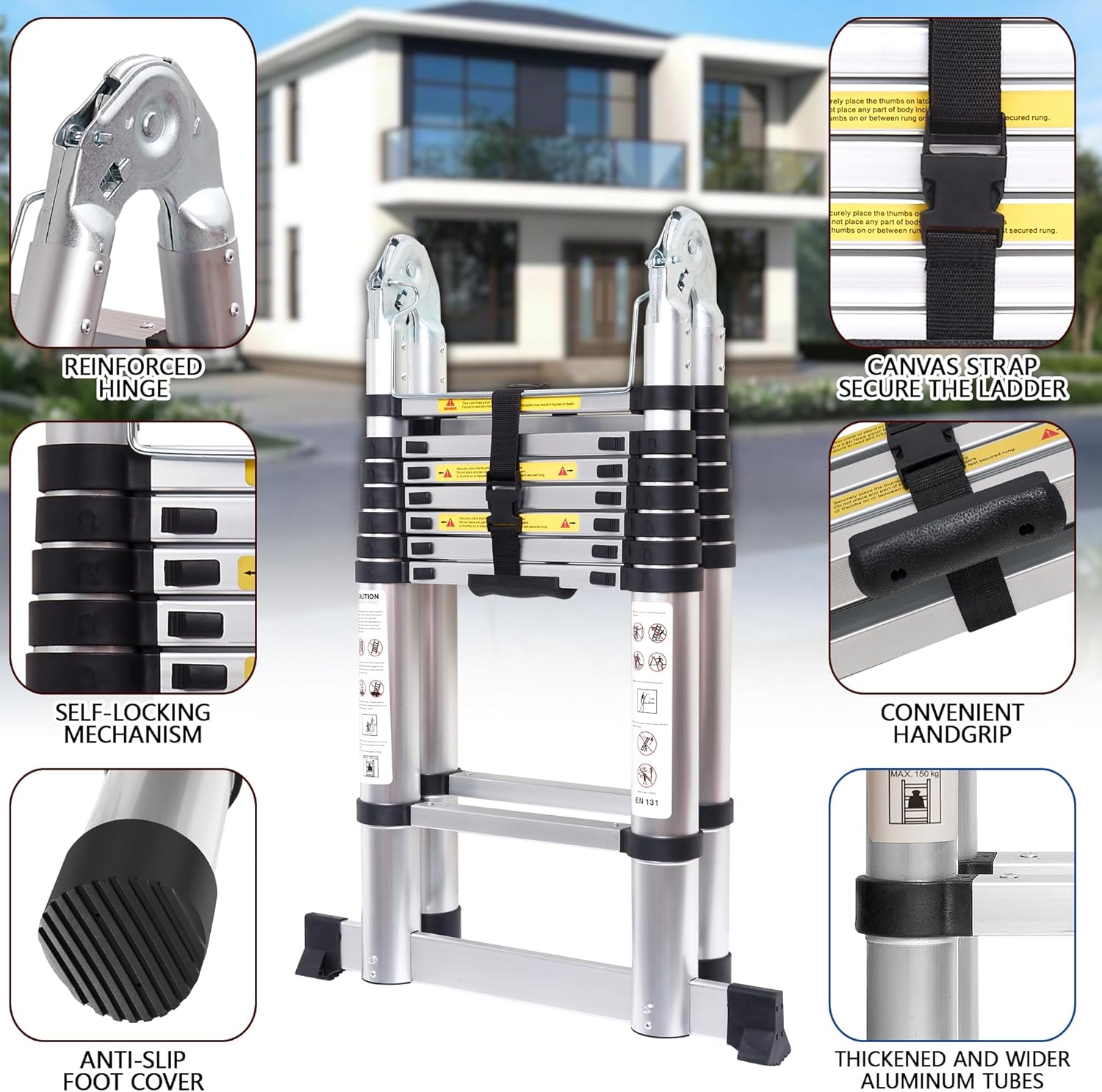 Escalera Telescópica en Forma de A de 16.5 Pies, Escalera de 8+8 Peldaños, Capacidad de Carga de 330 LB, Escalera Extensible Plegable Telescópica Portátil de Alta Resistencia