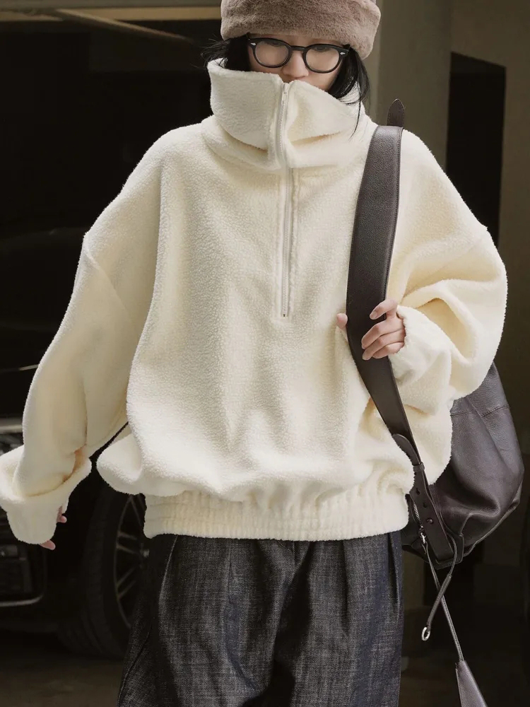 Japanese Polar Fleece Sweatshirts Fall Winter Lazy Wind Women Oversize Pullovers Chic Half Zipper Solid Warm Loose Casual Tops