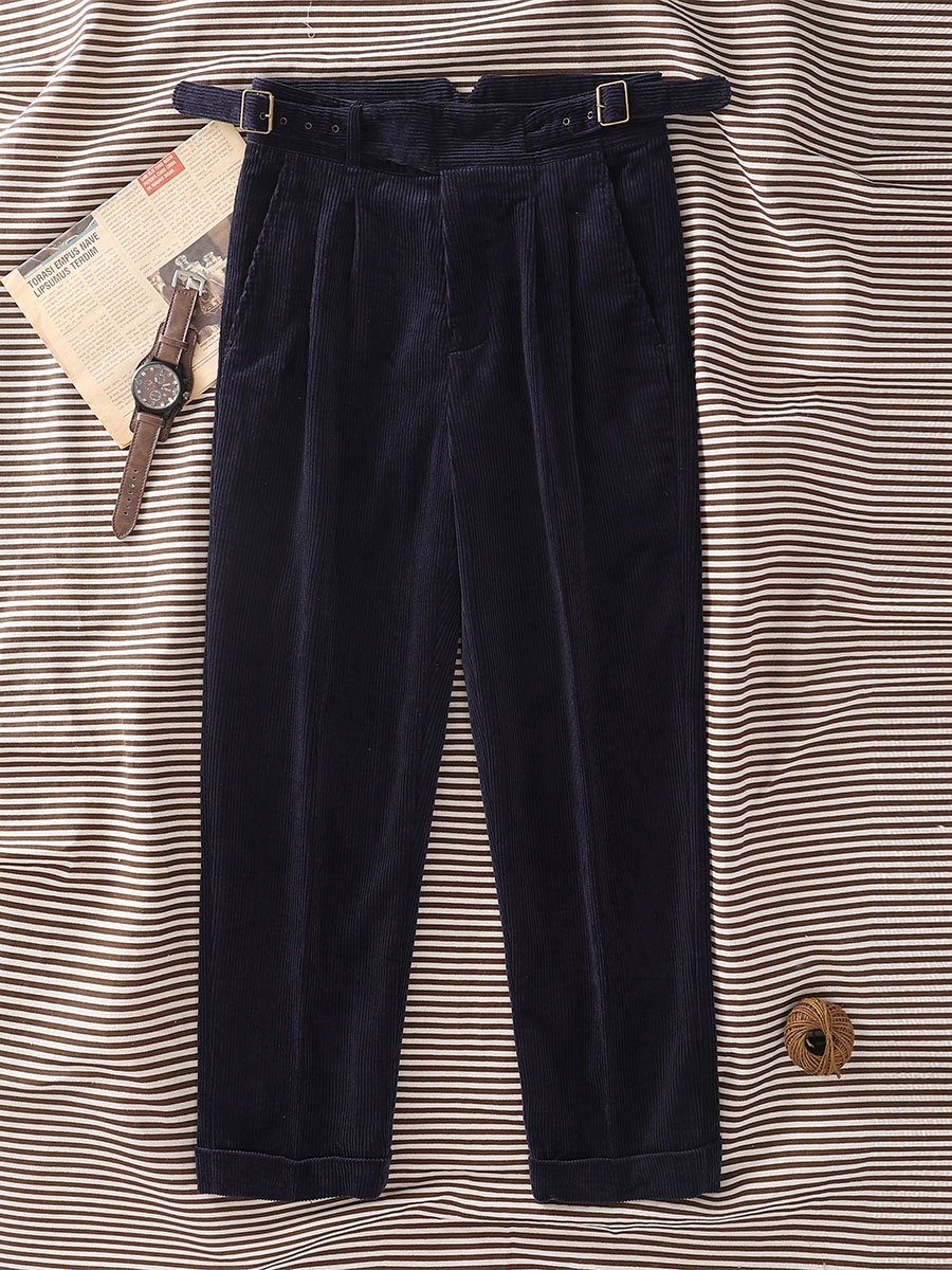 Opgewaardeerde klassieke Gurkha relaxte casual broek met rechte pijpen 100% katoenen corduroy dubbel geplooide verstelbare tailleband