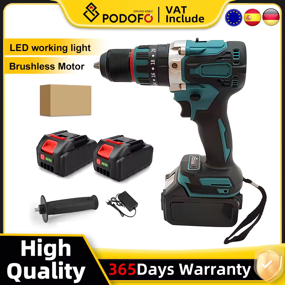 Podofo 480N.M Electric Impact Drill Brushless Electric Screwdriver 13mm 18V Power Tools With 2 Battery Rotary Hammer Drill Tool