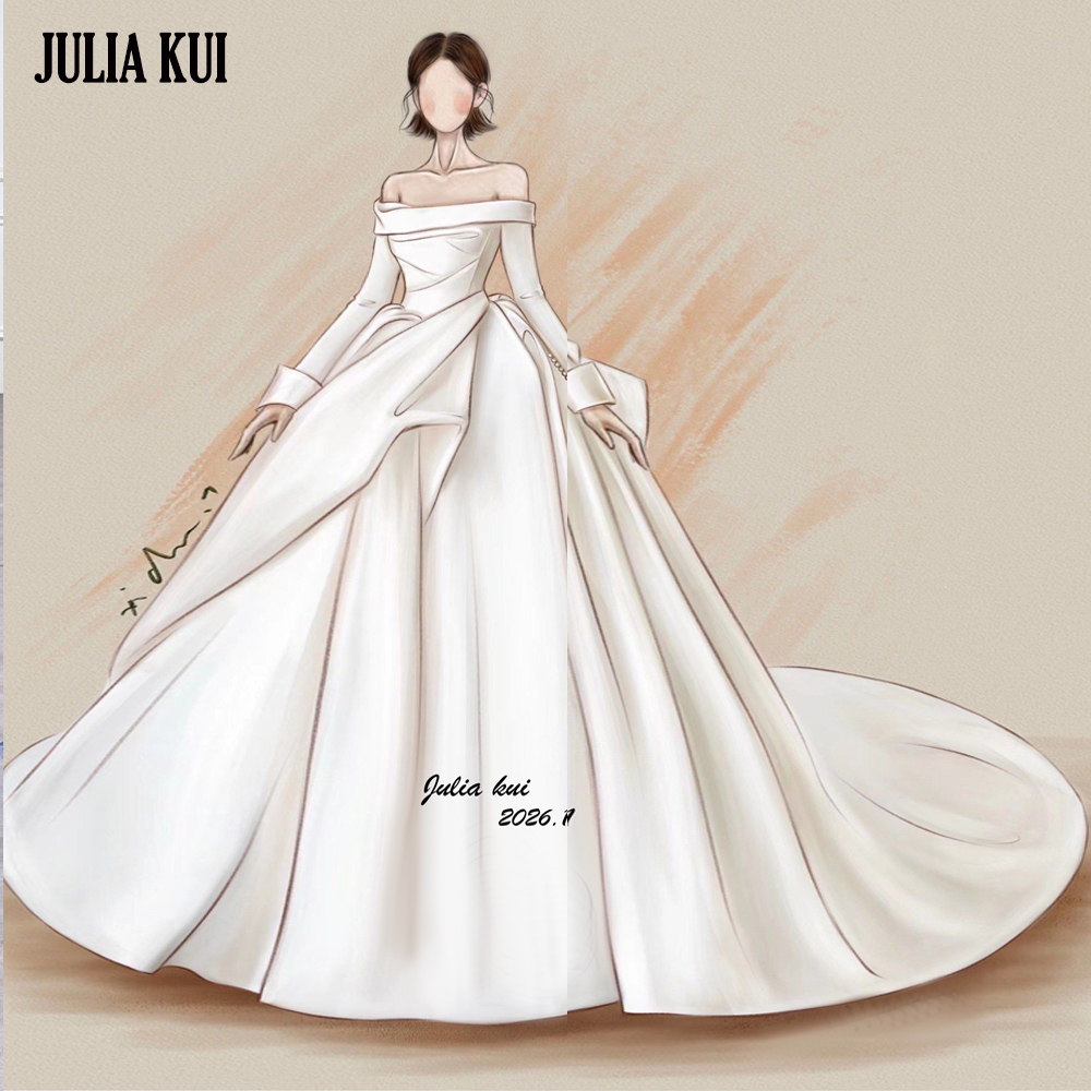 Свадебное платье Julia Kui с открытыми плечами и длинными рукавами из нежного кружева А-силуэта, изготовленное на заказ