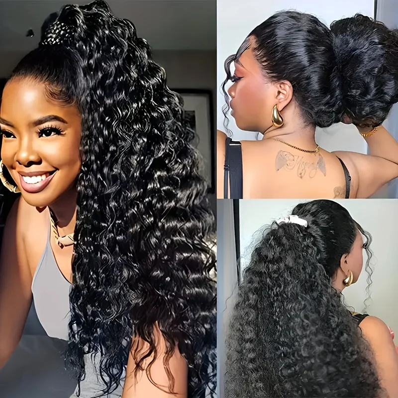Parrucca Full Lace 360 da 30-40 Pollici con Cordino Invisibile, Onde Profonde, Frontale 13x4 HD, Capelli Umani Ricci, Onde Morbide Brasiliane, Densità 250