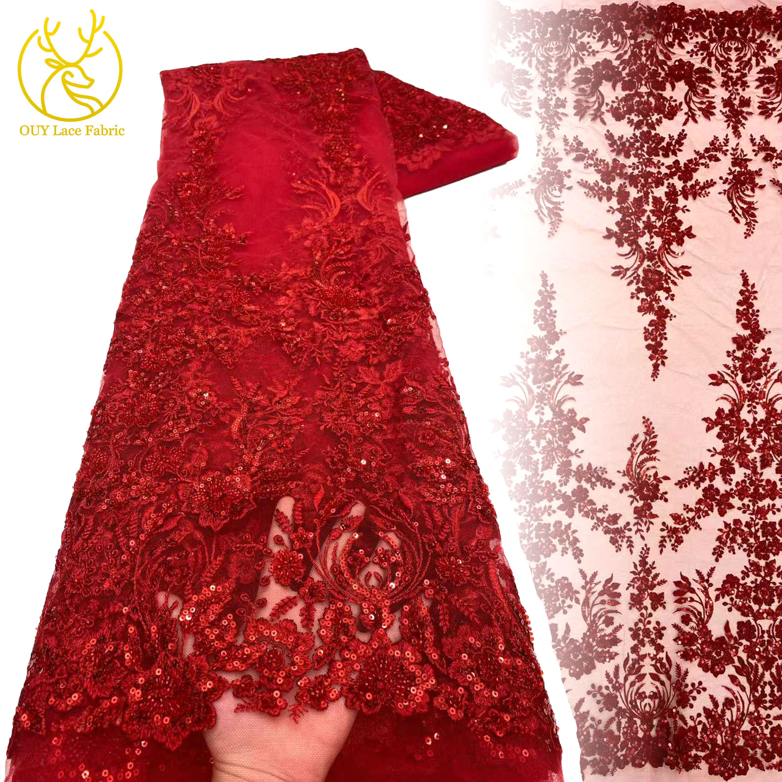 Roter Afrikanischer Bräutigam Bestickter Pailletten-Spitzenstoff 5 Yards Französischer Nigerianischer Perlen-Spitzenstoff für Hochzeitskleider