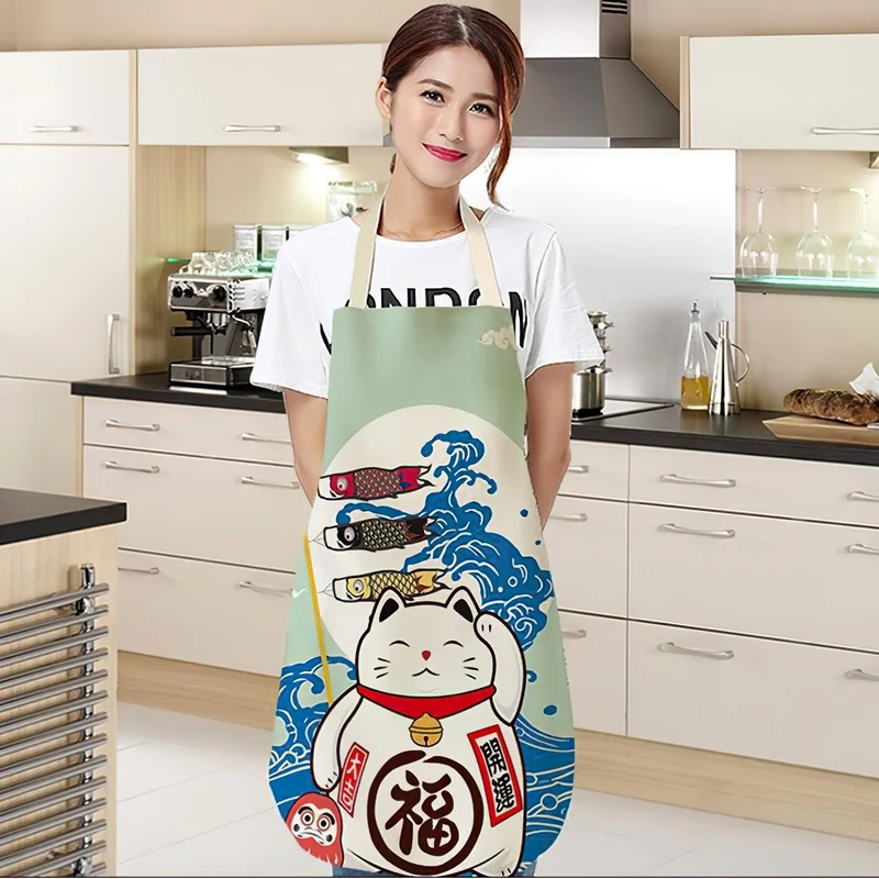 Schort van katoen en linnen Japanse cartoon Lucky Cat Koken Mouwloos slabbetje Waterdicht Anti-vette keukenbenodigdheden Chef-kok schort