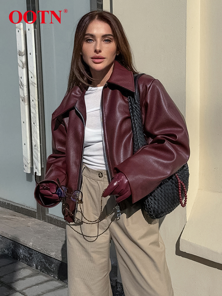 OOTN vino rojo imitación cuero moda prendas de vestir exteriores 2024 espesar cremallera solapa Pu abrigos Otoño Invierno ropa de calle señoras túnica Tops mujeres