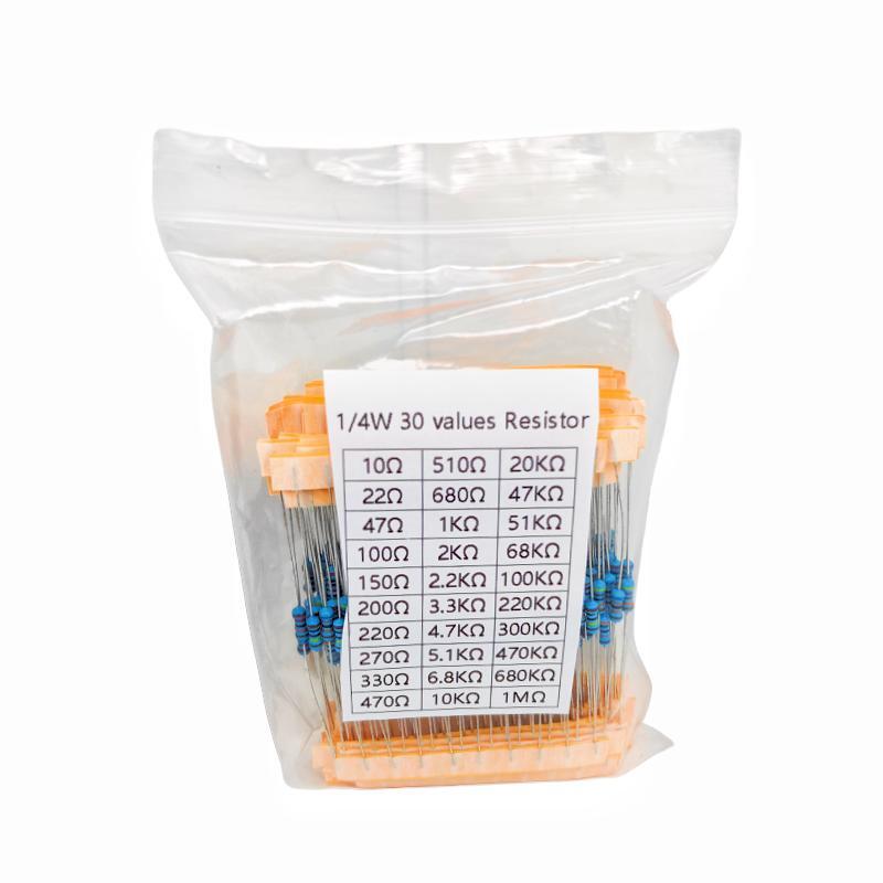 300-600 sztuk/zestaw 30 rodzajów 1/4W rezystancja 1% zestaw rezystorów metalowych zestaw asortymentowy 1K 10K 100K 220ohm 1M rezystory 300 sztuk/zestaw