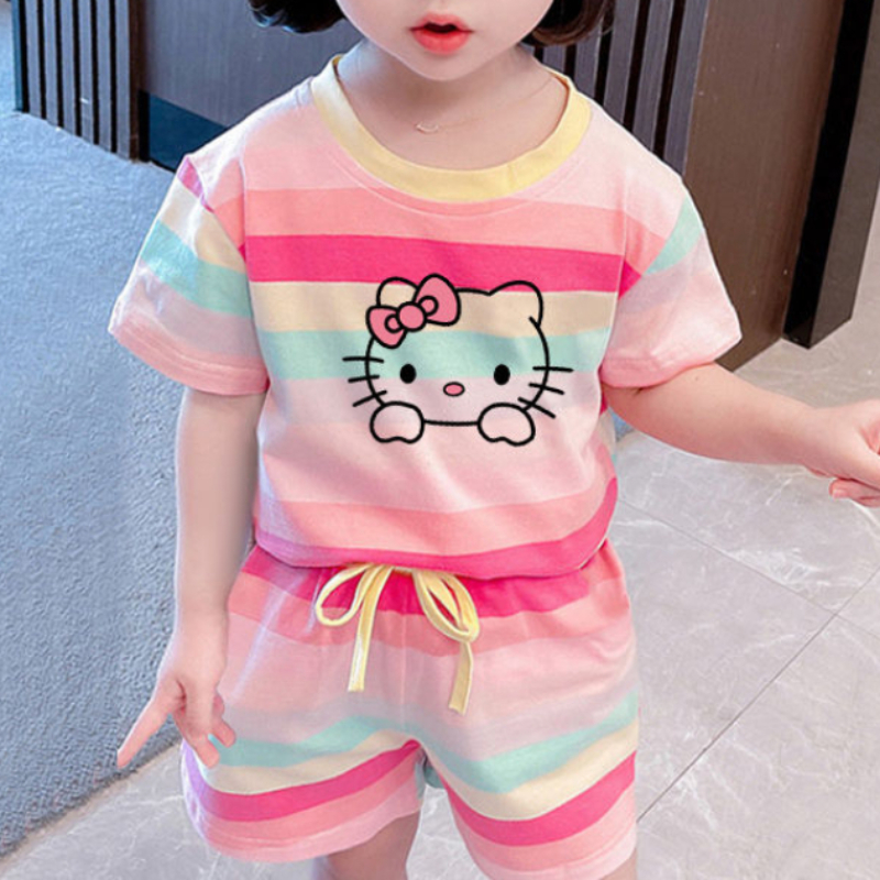 Conjuntos de roupas de verão fofos da hello kitty para crianças, bebês, meninas, camiseta de manga curta + shorts de cintura elástica, 2 peças