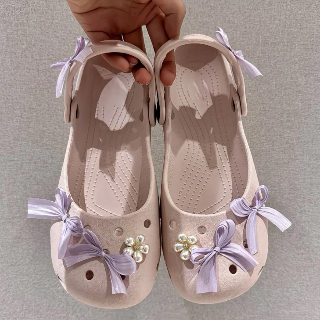 Set Hiasan Sepatu Balletcore Ungu dengan Pita, Mutiara, dan Bunga untuk Wanita, Dekorasi Sandal Musim Panas, Aksesoris Sepatu DIY Wanita 8pcs