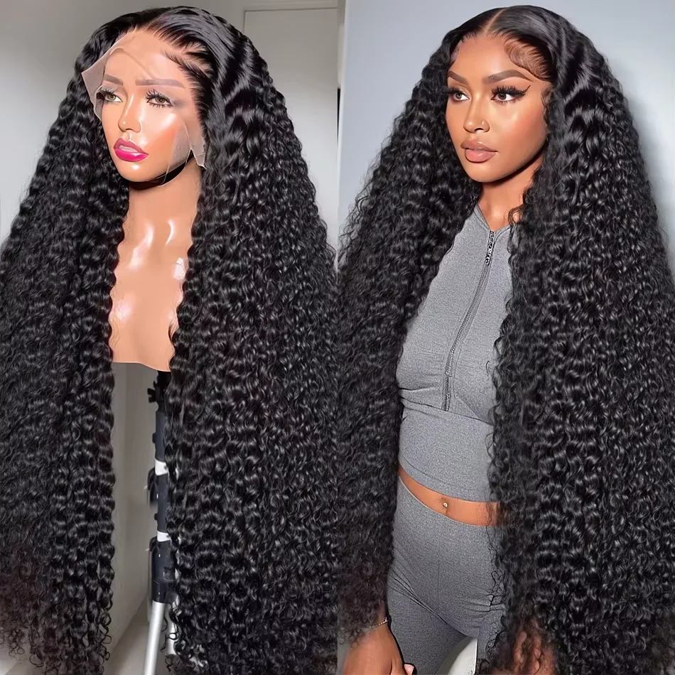 40 Inch Natural Black Water Deep Wave Human Hair Wigs For Women, 13x4 13x6 HD Transparent Lace Frontal Wig 200 Density Pre Plucked Glueless Lace Front Wig
