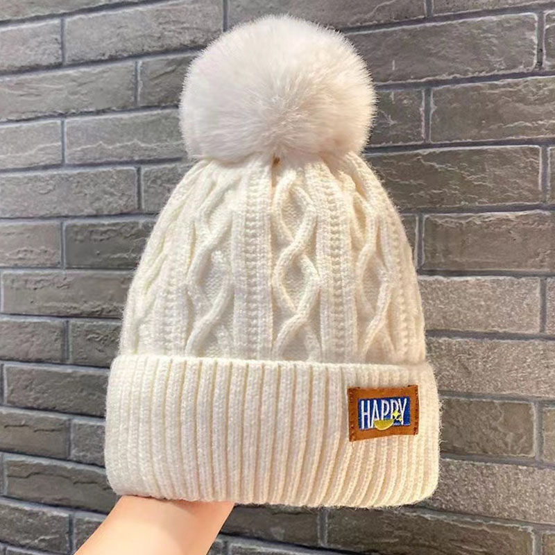 Chapéu de lã de malha feminino Gorros quentes Bola de lã superior Chapéu de malha térmica de pelúcia Skullies pulôver, tampão de orelhas à prova de frio ao ar livre