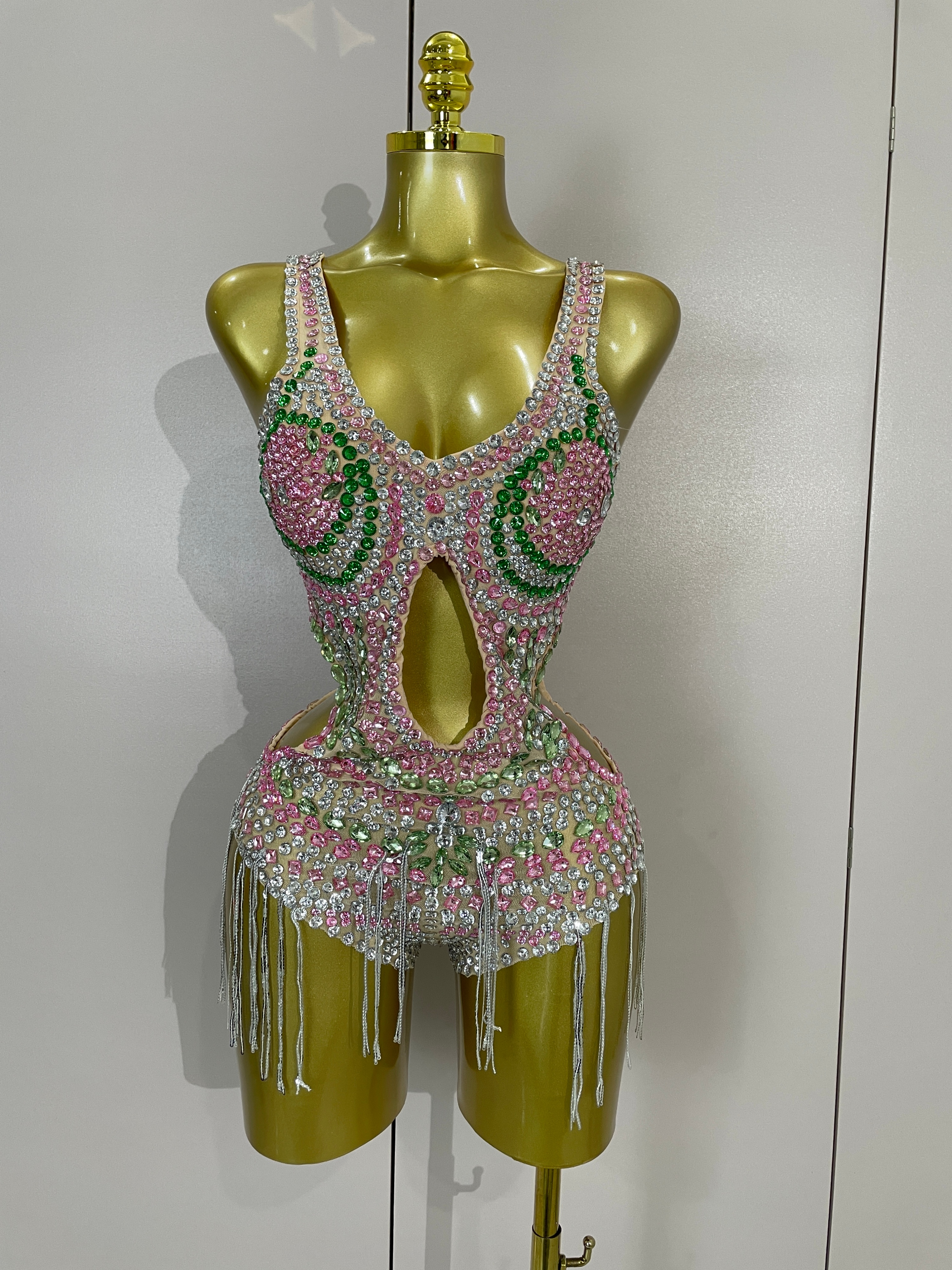 Neuer Funkelnder Bunter Strass-Quasten Sexy Netz-Bodysuit für Damen Abendparty Geburtstag Tanz Nachtclub Auftritt Bühnenkostüm