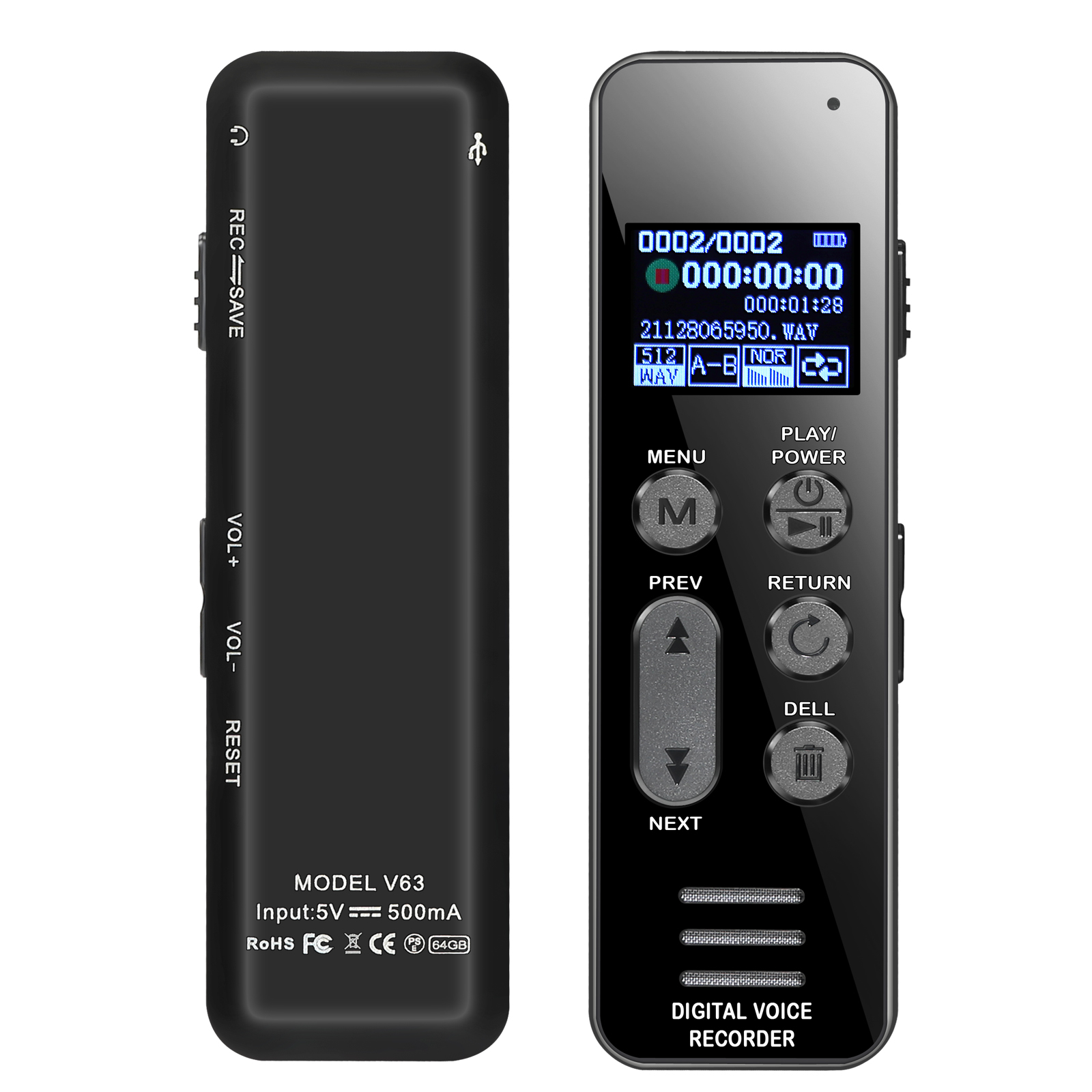 Vandlion V63 Rejestrator Dźwięku Aktywowany Głosem Redukcja Szumów Nagrywanie HiFi WAV 3072kbps Nagrywanie Jednym Przyciskiem Łatwa Obsługa Duża Bateria 1050mAh