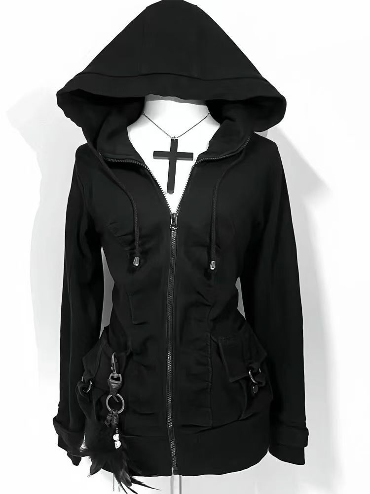 Sudadera con capucha informal para mujer, sudaderas góticas Retro, estilo Punk Hip Hop, cárdigan multifuncional de calle alta, nueva tendencia, color negro