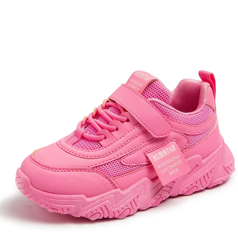 Wiosna Nowe Trampki Dziecięce 2025 PU Dziewczęta Casual Mesh Solid Pink Light Boys White Hook & Loop Dziecięce antypoślizgowe buty sportowe