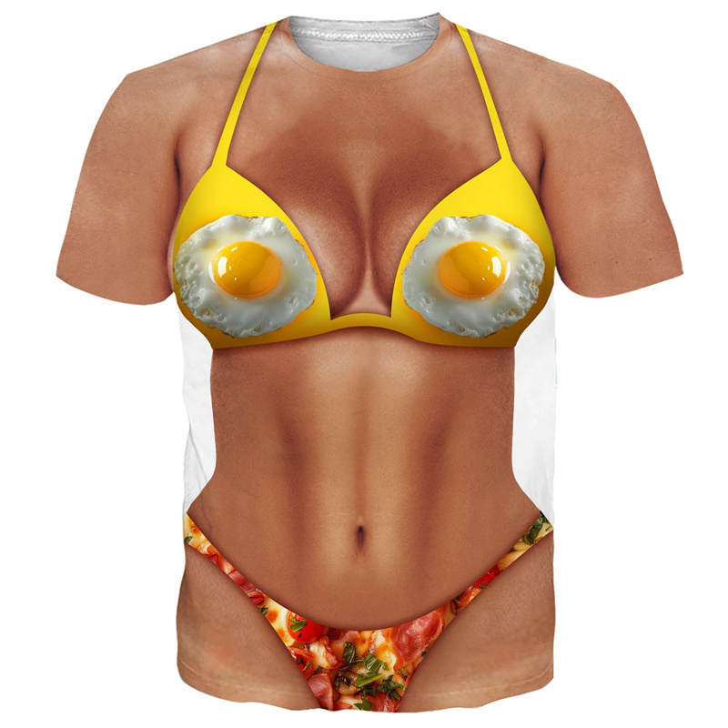 Funny Bikini Pattern T-shirt Men's Printed Fake Abs Short Sleeved T-shirt Women's Role-playing Clothing Novel T-shirt