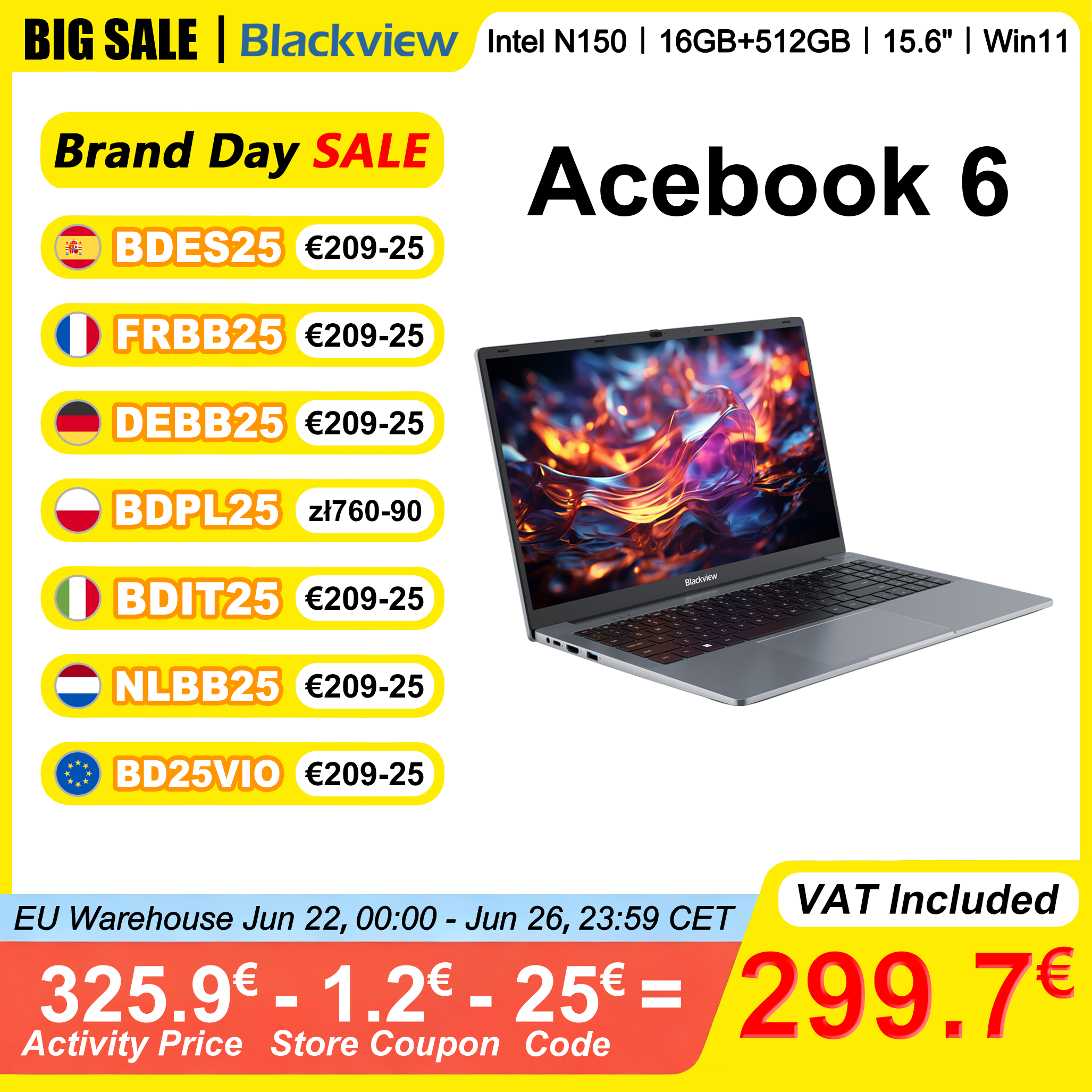 Blackview AceBook 6 laptop 15,6" FHD IPS Intel N150 16GB RAM 512GB SSD Windows 11 Home 180 °   Flip Notebook Intel UHD-afbeeldingen