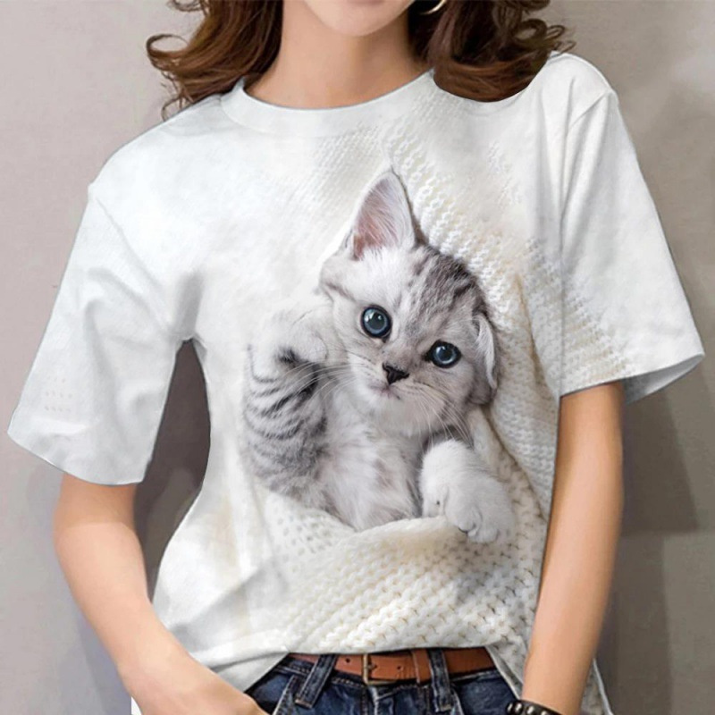 Camiseta con patrón de gato para mujer, camisetas de manga corta con estampado 3D de Animal de Mascota, camisetas sueltas informales de verano, ropa de calle, Tops de cuello redondo