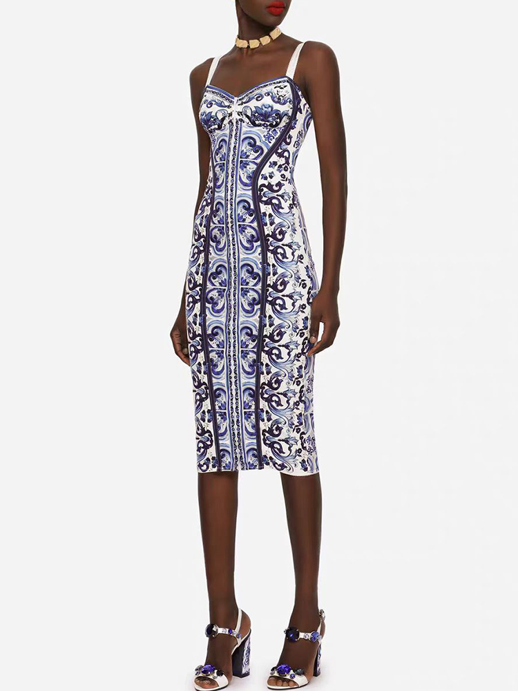 Designer Retro Geometrischer Druck Rückenfarblich Abgestimmtes Trägerloses Kleid 2026 Sommer Damenmode Hüfttasche Hüftrock
