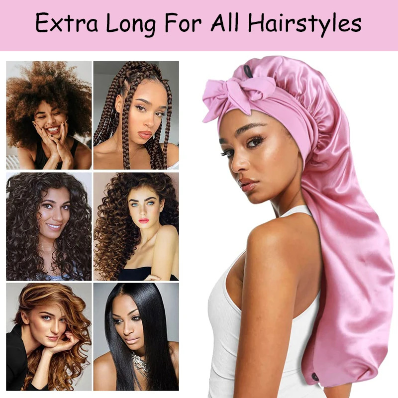 Gorro de satén largo de color sólido, extragrande, con lazo largo, para mujeres negras, para el cuidado del cabello, para todo tipo de cabello.