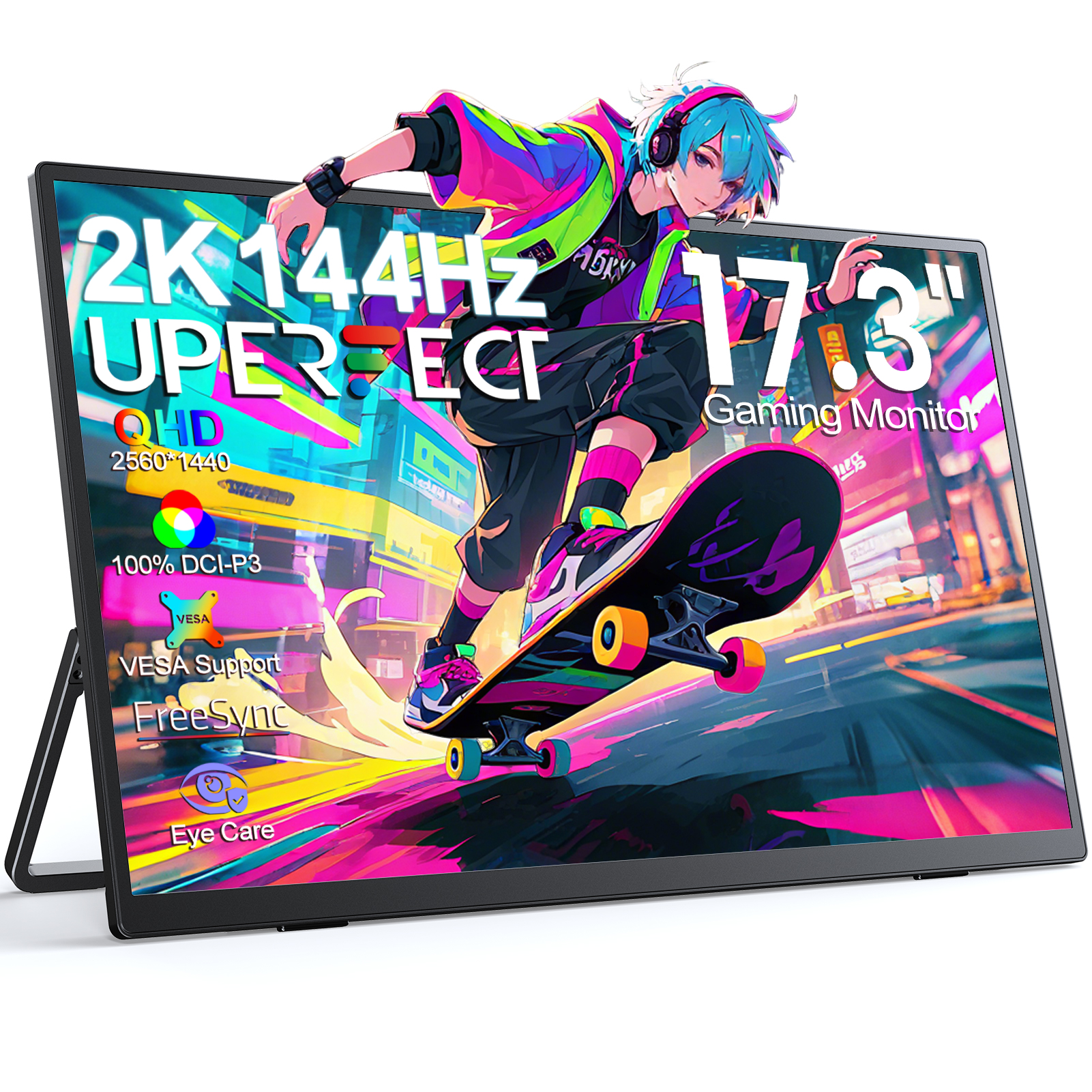 Портативный монитор UPERFECT 2K, 144 Гц, 17,3 дюйма, 400 нит, 2560x1440P, IPS-экран для игровых путешествий, ноутбуков, ПК, PS4/5, переключателя HDR-дисплея