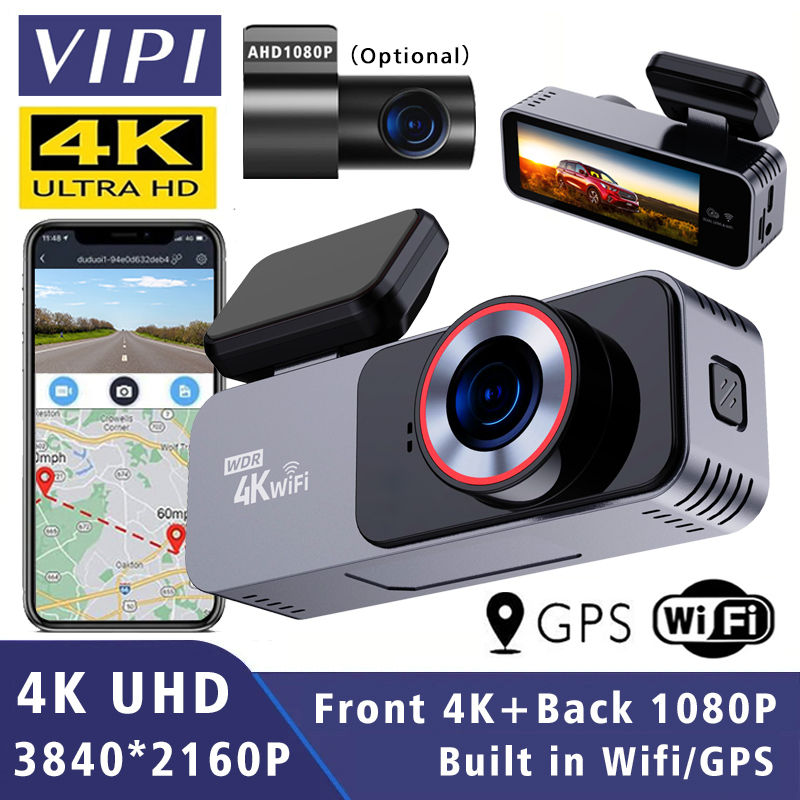 Kamera Dasbor 4K 3840*2160P DVR Mobil WIFI GPS Mini Kamera Lensa Ganda Kamera Dasbor Depan dan Belakang Kotak Hitam Perekam Drive Video Penglihatan Malam