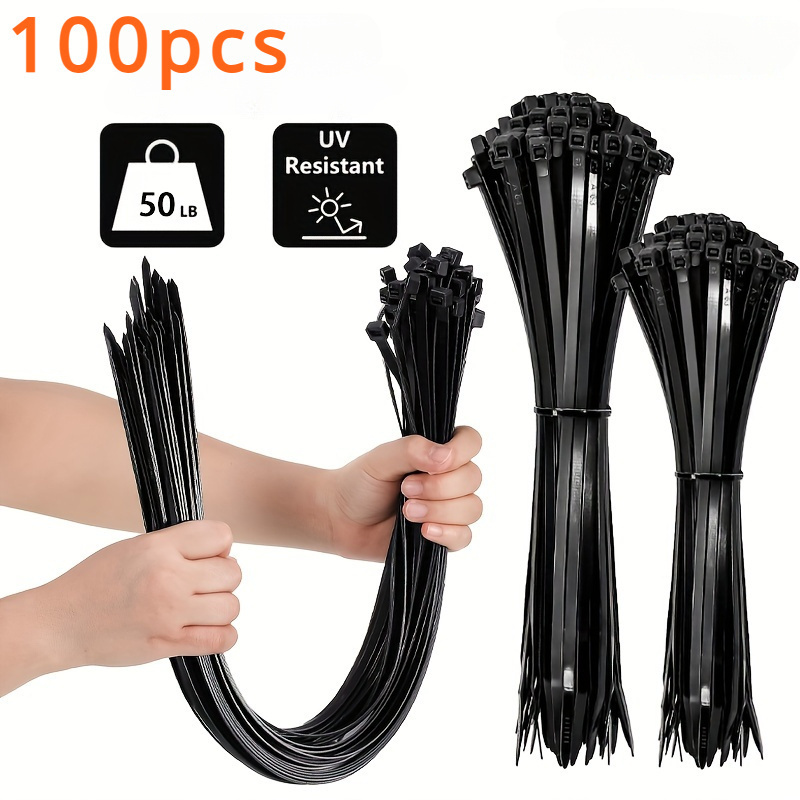 Bridas para cables negras de 100 Uds., alta resistencia a la tracción, resistentes a los rayos UV, autoblocantes para gestión de cables en el hogar y la oficina