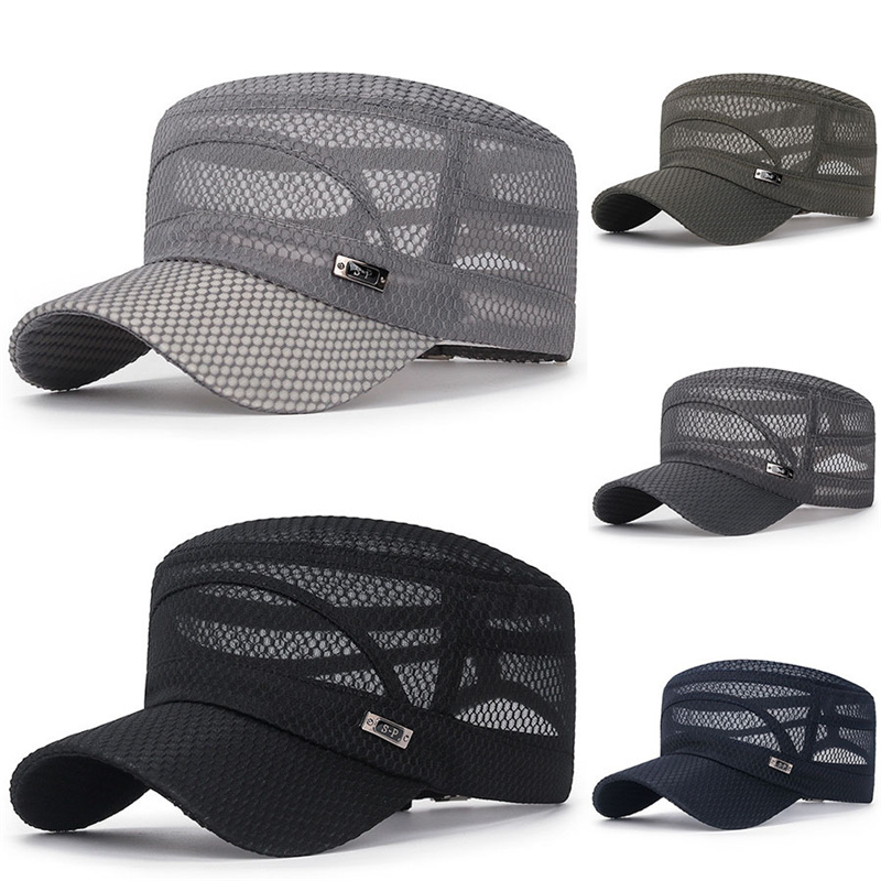 FashionSummer Chapeau d'été pour hommes Casquette militaire en maille FlatTop Snapback Casquette de baseball réglable Cadet ArmyMan Casquettes de camionneur respirantes