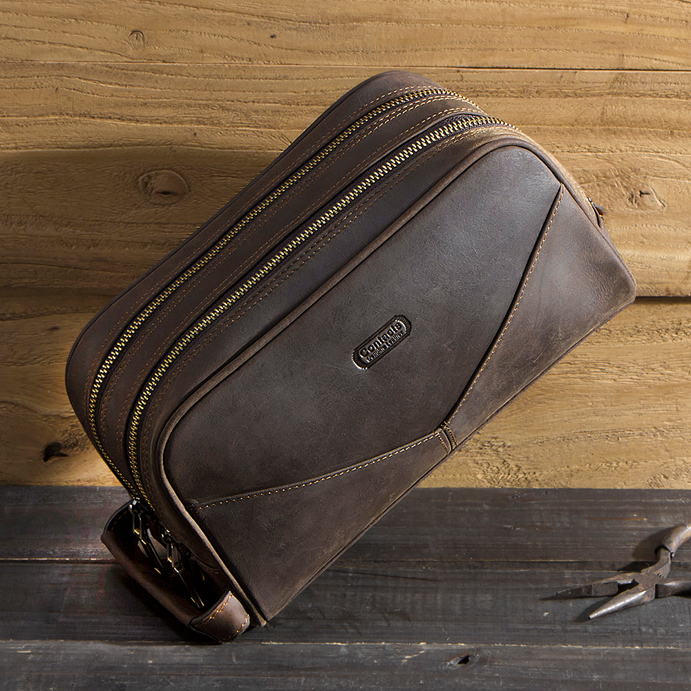 Estuche de cosméticos Vintage de cuero Crazy Horse para hombre, bolsa de maquillaje, artículos de tocador de viaje, bolsas de lavado de maquillaje de mano, organizador de hombre con doble cremallera