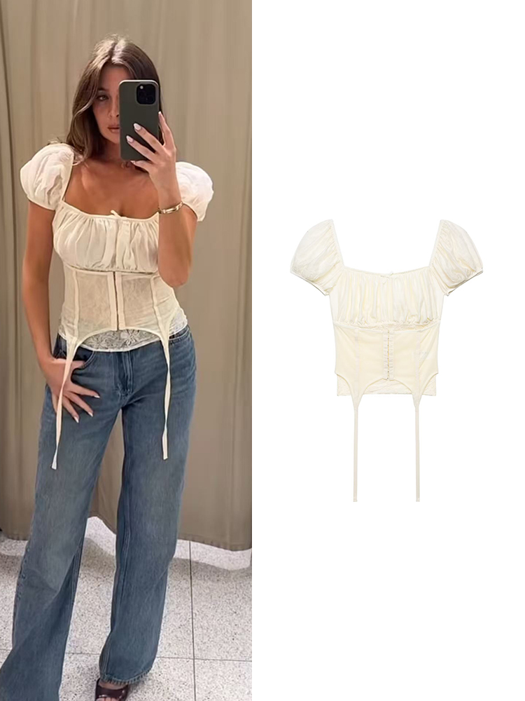 TFMLN 2026 Top Corset Sexy para Mujer, con Encaje, Ajustado, Corto, Estilo Vintage, Cuello Cuadrado, Manga Corta, para Verano