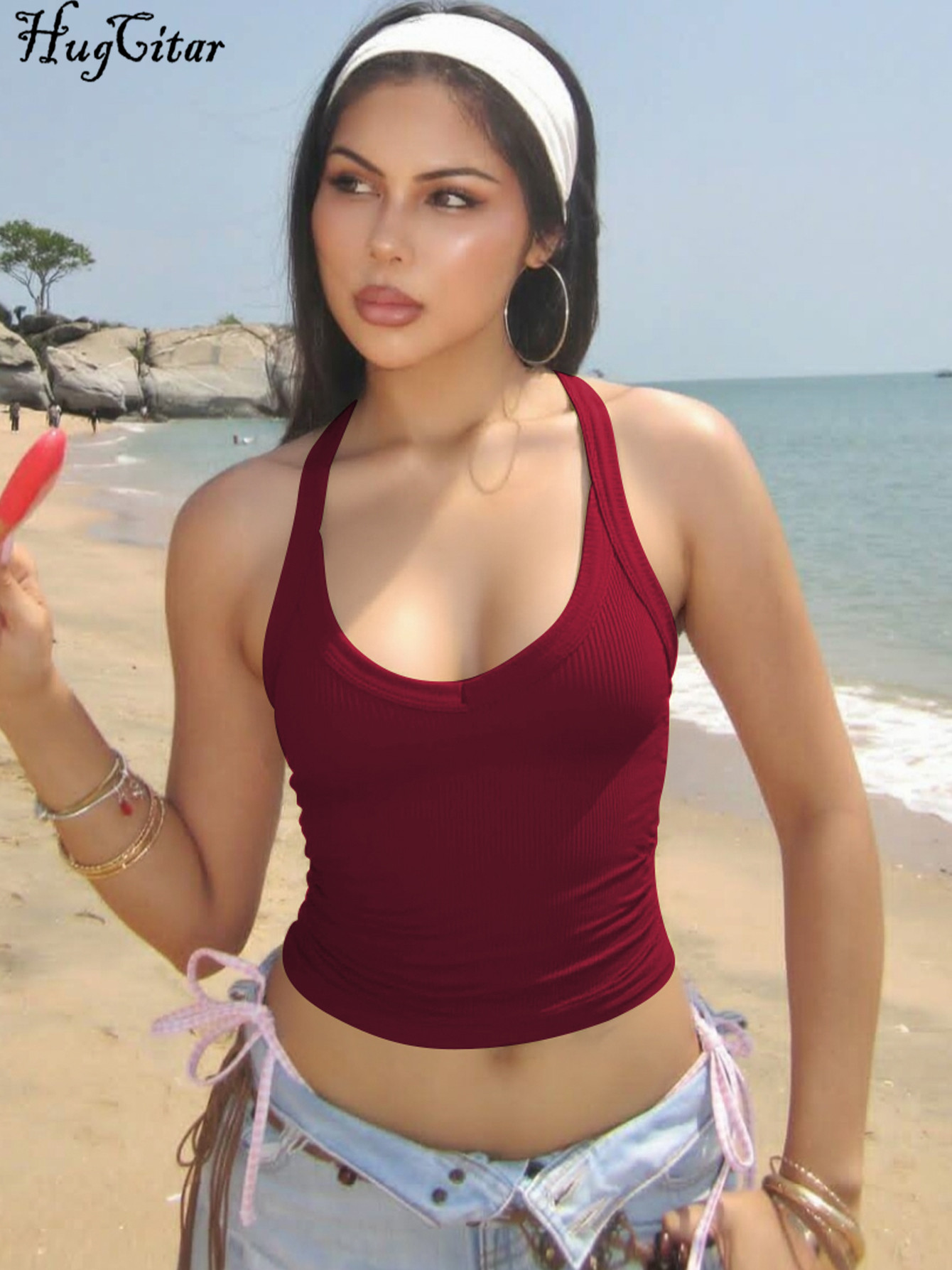 Hugcitar 2026 – Nouveau débardeur court côtelé dos nu uni sexy pour femme, style Y2K, idéal pour la plage, les vacances, le streetwear et le yoga