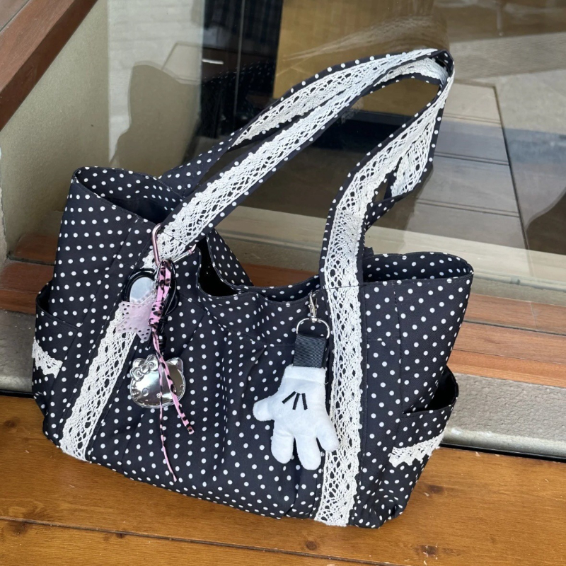 Tas Bahu Wanita Niche Sweet Lace Gaya Korea Vintage Polka Dot Kanvas Tas Tangan Kapasitas Besar Multi Kantong Tas Tote untuk Bepergian