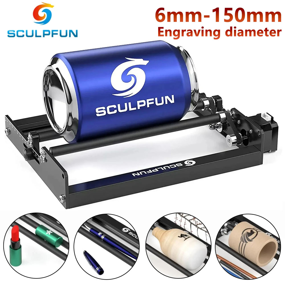 SCULPFUN Laserowy wałek obrotowy Grawer laserowy Wałek osi Y 360 °   Obrotowy zestaw kolumn podwyższających do obiektów cylindrycznych 150MM