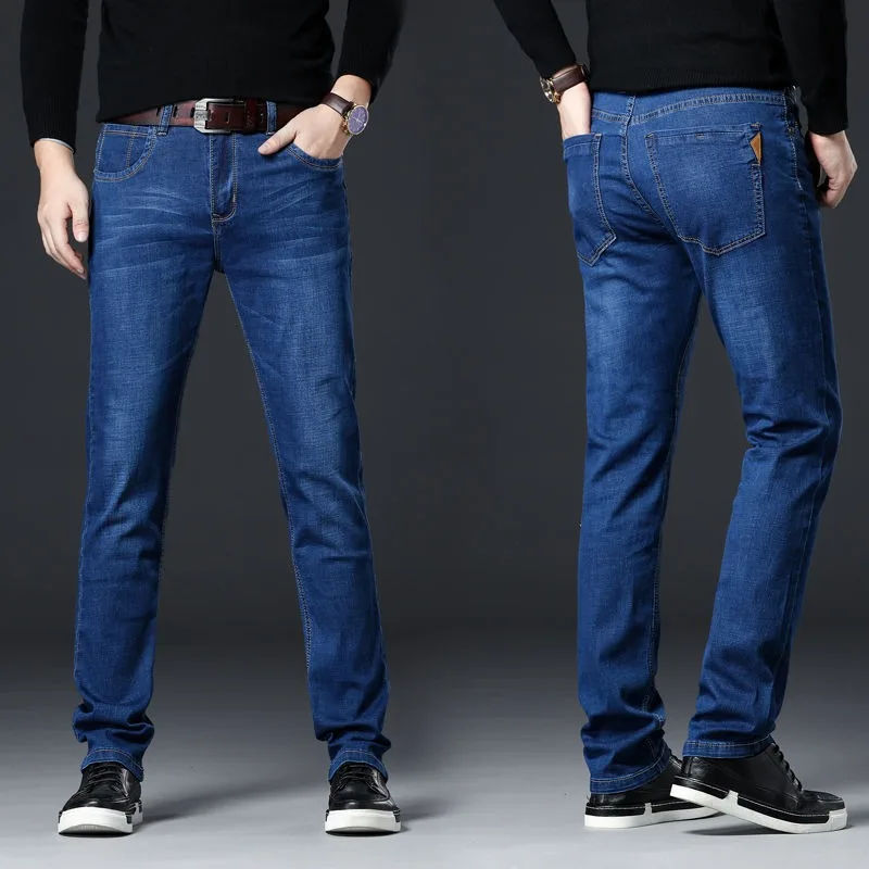 Otoño Invierno pantalones vaqueros cálidos de lana para hombres pantalones largos de negocios de moda pantalones vaqueros clásicos Retro pantalones vaqueros ajustados elásticos casuales