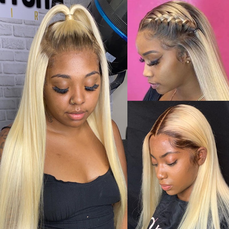 Peluca Frontal de encaje 13x6, peluca de cabello humano liso brasileño, 2 tonos, raíz oscura 1B 613, pelucas frontales de encaje Rubio degradado para mujeres negras 40"