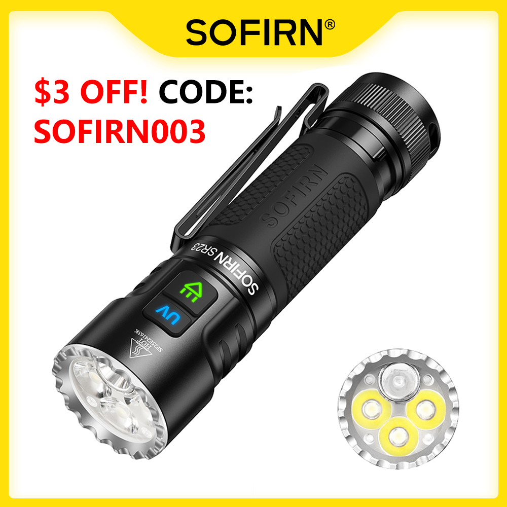 Фонарь SOFIRN SR23 с двойным светом, 3300 лм, белый рассеянный свет и УФ-свет 365 нм, перезаряжаемый через USB-C, EDC-лампа с магнитным основанием, на аккумуляторе 21700