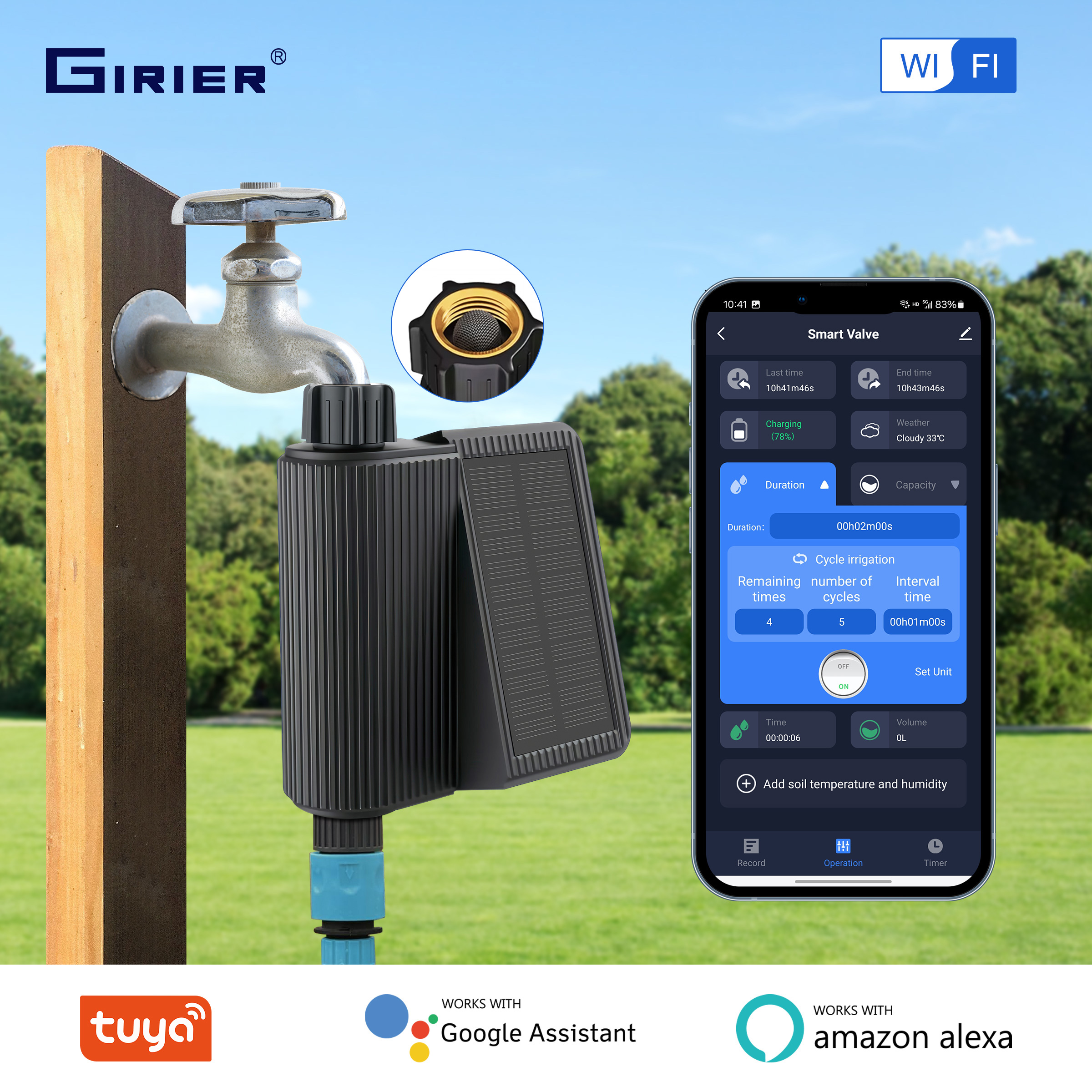 Temporizador de agua inteligente GIRIER, temporizador de aspersor WiFi con energía Solar con entrada de latón, controlador de riego automático, No requiere concentrador