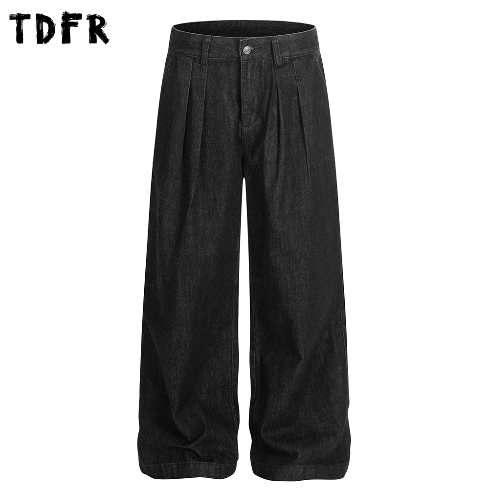 Plissee Gespleißt Raw Jeans Herren Einfarbig Retro Casual Gerade Breite Bein Baggy Denim Hosen Mann