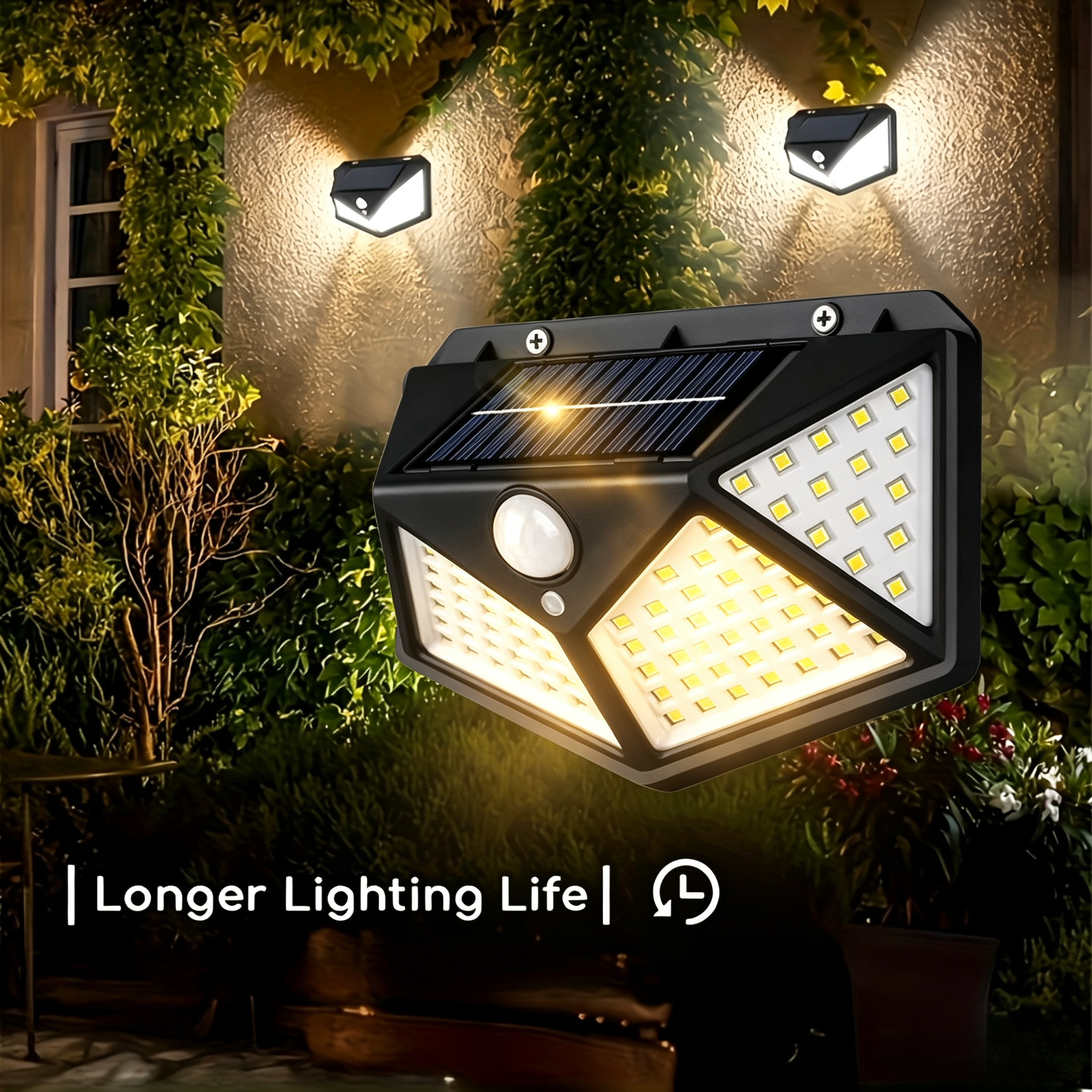 Solarbetriebene 100 LED Bewegungssensor-Wandleuchte, Wasserdichte Außensicherheitslampe für Garten, Zaun, Hof, Wegdekoration