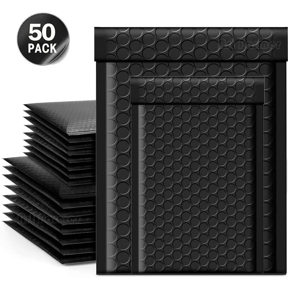 50 Uds. Sobres de correo acolchados con burbujas negras, sobres de correo de polietileno para embalaje, bolsa de envío autosellada, burbujas acolchadas