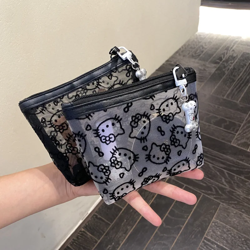 Sac de maquillage en maille Hello Kitty, pochette transparente à fermeture éclair, organisateur de cosmétiques mignon de dessin animé, étui de rangement de voyage portable pour filles