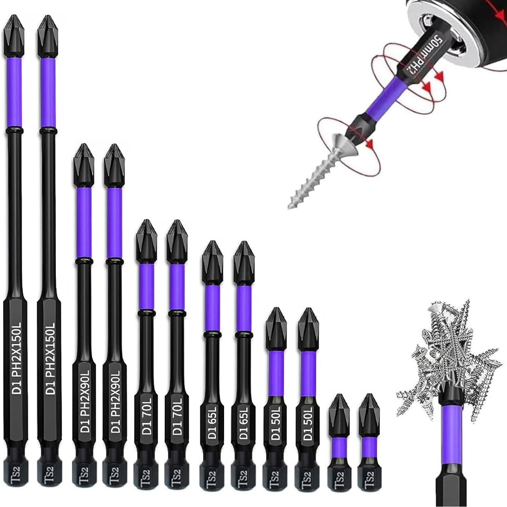 Brocas de destornillador magnéticas, antideslizantes, a prueba de golpes, Phillips, de impacto, vástago hexagonal, de aleación de acero, adecuadas para herramientas eléctricas, 6/12 piezas